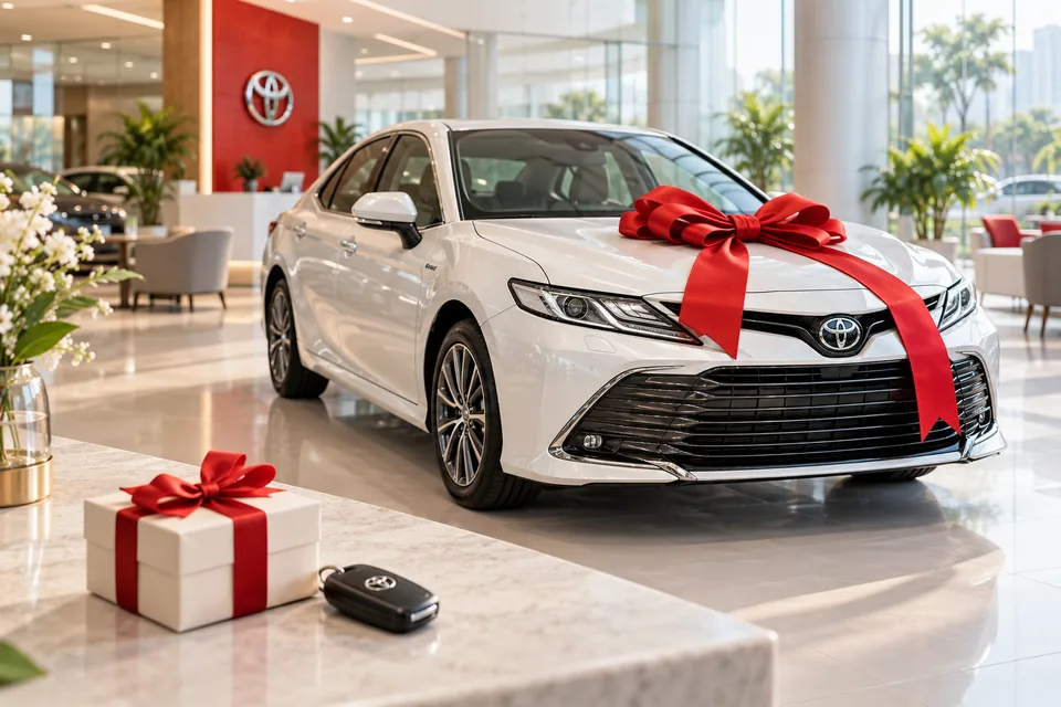 Minh họa ưu đãi mua xe Toyota với hộp quà và chìa khóa